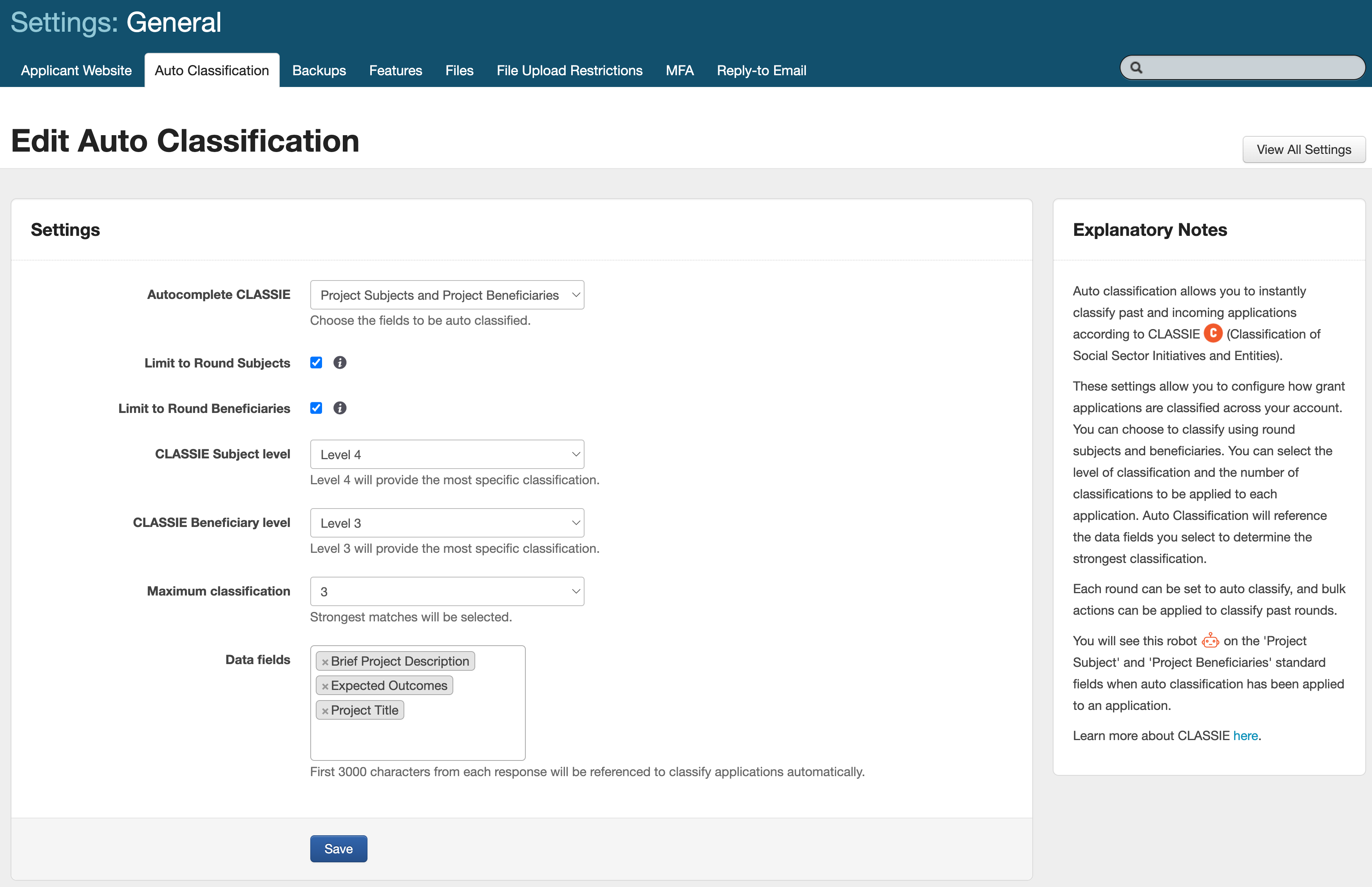 Screenshot of the Auto Classification settings page
